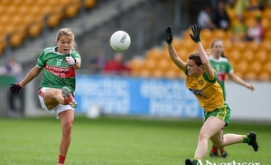 Up and over: Sarah Rowe kicks a score for Mayo. Photo: Sportsfile 