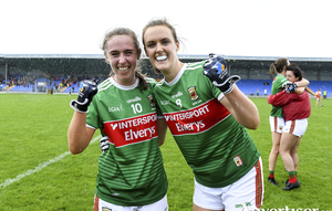 Heading back to Croker: Mayo players Sinead Cofferky and Clodagh McManamon celebrate after the TG4 All-Ireland Ladies Football Senior Championship Quarter-Final match between Mayo and Armagh. Photo: Sportsfile
