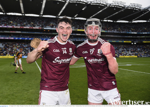 Shane Morgan of Galway, left, and Se?n O&#039;Hanlon of Galway celebrate after the Electric Ireland GAA Hurling All-Ireland Minor Championship Final match between Kilkenny and Galway at Croke Park in Dublin. Photo by E?in Noonan/Sportsfile