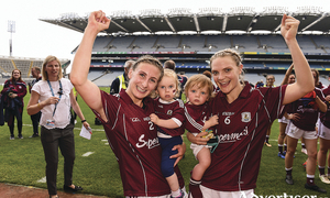 Galway&rsquo;s Sinead Burke, left,  with niece Marlee Burke, and Barbara Hannon  with Miko Finnegan, celebrate  winning the TG4 All-Ireland Ladies Senior Football Championship semi-final match over Mayo at Croke Park in Dublin. Photo by Sam Barnes/Sportsfile 