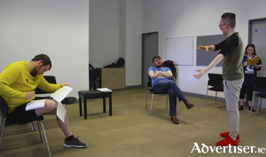 Shane McCormick, Kevin Murphy, Robbie Walsh (director), and Ellen McBride, during rehearsals for TAPE.