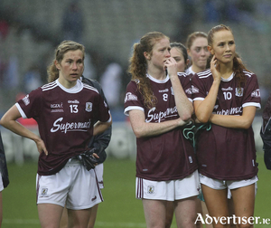 Galway&#039;s Tracey Leonard, Louise Ward and Olivia Divilly after their defeat to Dublin in the TG4 All Ireland Ladies Football Senior Championship final in Croke Park on Sunday. 					Photo: Mike Shaughnessy