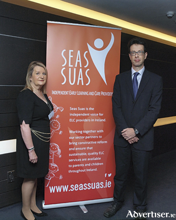 Athlone entrepreneur, Regina Bushell and Toby Wolfe,  Early Years Quality Principle Officer, Department of Children and Youth Affairs are pictured during the Seas Suas childcare conference which took place in Athlone