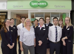 Annette Flanagan and Maeve O&#039;Sullivan with their team at Specsavers Galway Shopping Centre. Photo:-Mike Shaughnessy