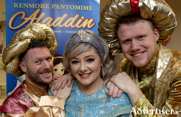 Declan J Gardiner, Jenny Flaherty, and Nathan Mannion, who will star in the Renmore Pantomine production of Aladdin this Christmas. Photo:- Mike Shaughnessy
