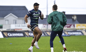 Full of bounce and energy: Bundee Aki, left, and Kieran Marmion, during Connacht Rugby squad training at the Sportsground ahead of the visit of French champions Toulouse on Saturday (3.15pm). Photo: Sam Barnes/Sportsfile