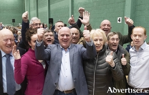 Independent TD Noel Grealish celebrates with supporters on his re-election on Monday. Photos by Mike Shaughnessy