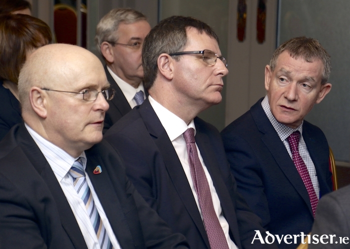 Galway City Council CEO Brendan McGrath (left) Kevin Kelly Galway County CEO and Jim Cullen director of services Galway County Council at the opening day of An Bord Pleanála oral hearing into the proposed Galway Ring Road held in the g Hotel.
Photo:-Mike Shaughnessy