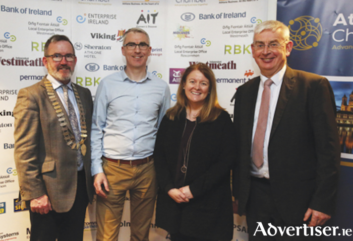 Pictured at the launch of the annual Athlone Chamber of Commerce Business Awards which will take place on Saturday, April 4, were, l-r, John McGrath, President, Athlone Chamber of Commerce, Enda Cannon, LEO Roscommon, Christine Charlton, LEO Westmeath and Gerry McInerney, CEO, Athlone Chamber of Commerce