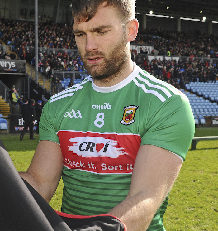 Driving on: Mayo captain Aidan O'Shea in the specially designed Mayo Croi jersey they wore against Kerry last Sunday. Photo: Conor McKeown. 