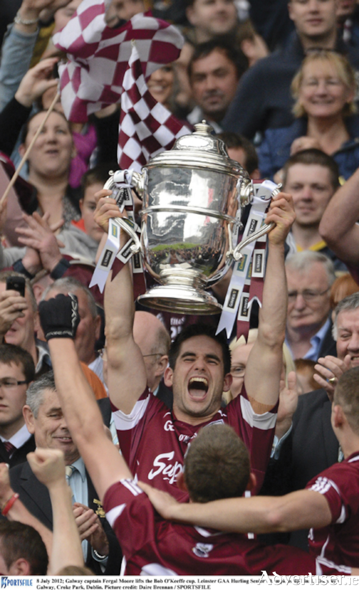 Galway captain Fergal Moore lifts the Bob O'Keeffe Cup- the first in the Leinster GAA Hurling Senior Championship 2012.