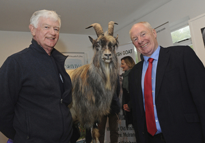 The goat and the good: Minister for Rural and Community Development Michael Ring was in attendance on Monday to officially turn the sod at the Old Irish Goat Sanctuary in Mulranny, Co Mayo. He is pictured here alongside chairman of the Old Irish Goat Society, Padraig Browne. Photo: Conor McKeown.
