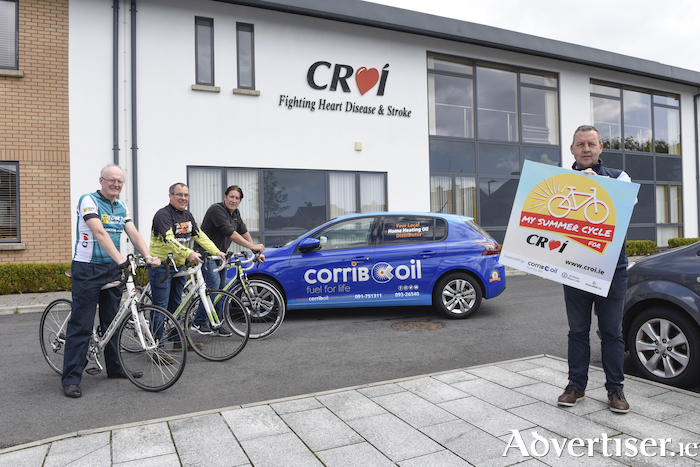 Pictured at the launch of 'My Summer Cycle for Croí' at Croí House, Galway, from left Dr Jim Crowley (Medical Director Croí); Bernard Dempsey (Corrib Oil Tuam) Alan Connolly (Westside Bikes) and Paul Burke (Corrib Oil Tuam) Photo: Boyd Challenger.
