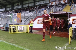 Galway captain Marc Ludden leads out his side on Friday night for the return of live soccer to Eamonn Deacy Park when they faced  Cabinteely. Galway United lost to the visitors on Friday, but managed a 2-2 draw with neighbours Athlone Town on Monday. Photo:- Mike Shaughnessy