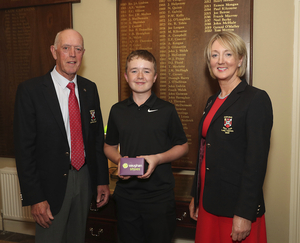 Aaron Quigley winner in the Vaughan&#039;s Shoes 18 hole stableford sponsored competition pictured with Tom Martyn (Captain) and Mary McKeon (Lady Captain) Castlebar Golf Club. Photo: Michael Donnelly