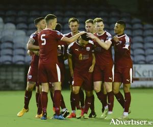 Galway United captain Shane Duggan is congratulated by teammates after scoring the first goal against Shamrock Rovers 11 in action from the SSE Airtricity League first division game at Eamonn Deacy Park on Friday night.
Photo:- Mike Shaughnessy