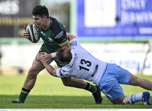 Alex Wootton of Connacht is tackled by Nick Grigg of Glasgow Warriors during the Guinness PRO14 match between Connacht and Glasgow Warriors at The Sportsground in Galway. Photo: Sportsfile