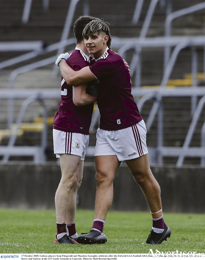 Galway players Sean Fitzgerald and Macdara Geraghty celebrate after winning the EirGrid GAA Football All-Ireland U20 Championship semi-final match against Kerry at the LIT Gaelic Grounds in Limerick. Photo by Matt Browne/Sportsfile