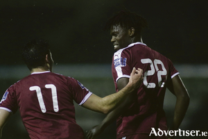 Goalscorer Wilson Waweru (28) is congratulated by teammate after scoring in for Galway United  at Eamonn Deacy Park on Tuesday evening. Photo:-Mike Shaughnessy