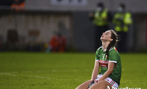 Down and out:  A dejected Rois&iacute;n Durkin of Mayo following her sides defeat in the TG4 All-Ireland Senior Ladies Football Championship Round 3 match between Armagh and Mayo at Parnell Park in Dublin. Photo: Sam Barnes/Sportsfile