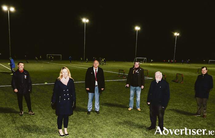 Galway city councillors Niall Murphy, Clodagh Higgins, Niall Mc Nelis, Donal Lyons and John Connolly with John Reilly of Knocknacarra FC reviewing the new floodlights at the Cappagh Road pitches. Photo:-Mike Shaughnessy
