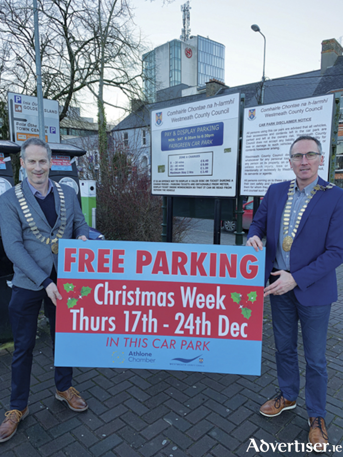 Athlone Chamber President, Alan Shaw, and Town Mayor, Cllr Aengus O’Rourke, are pictured at the launch of the free Council car parking initiative designed to promote the shop local ethos amongst festive shoppers