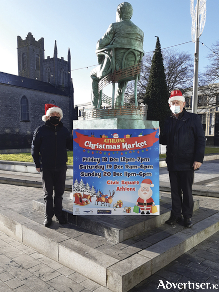 Cllr Frankie Keena and  Athlone Chamber CEO, Gerry McInerney, pictured at the launch of the annual Athlone Christmas market which will open for trade tomorrow, Friday, December 18
