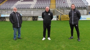 Galway WFC chairman Stephen Moran, new assistant manager Dave Bell, and manager Billy Clery pictured at Eamonn Deacy Park.