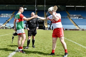 Ready to roll: Keith Higgins goes in for the coin toss ahead of Mayo&#039;s league opener against Derry. Photo: Mayo GAA/Twitter 