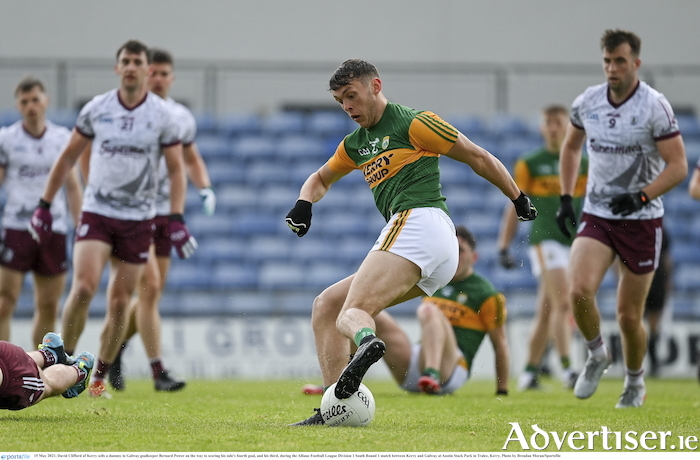 David Clifford drags back the ball to create the space for his third goal in Tralee today. Photo: Sportsfile.