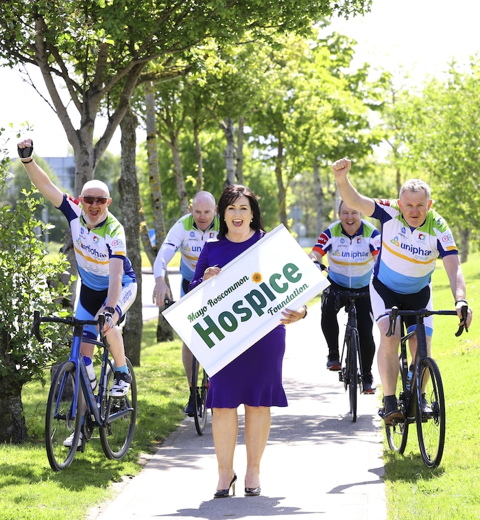 CEO of Mayo Roscommon Hospice, Martina Jennings, and (right) CEO of Uniphar, Ger Rabbette, at the launch of the Uniphar West End charity cycle tour – a 250 kilometre Dublin-to-Castlebar extreme cycle event taking place on Saturday, July 3, in aid of the Mayo Roscommon Hospice. Also pictured (left) is tour founder Ger Prendergast along with cyclists Aidan Murphy and Paraic Fahey. Photo: Marc O'Sullivan. 