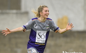 Isabelle Fitzpatrick celebrates after scoring for Galway WFC&#039;s U17s against Bohemians.
