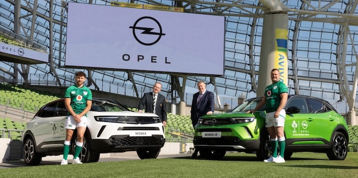 Hugo Keenan; Michael Collopy, IRFU; James Brooks, Opel Ireland; David Kilcoyne and the much-anticipated all-new Opel Mokka, available in petrol, diesel and all-electric powertrains. Photo: Jason Clarke.