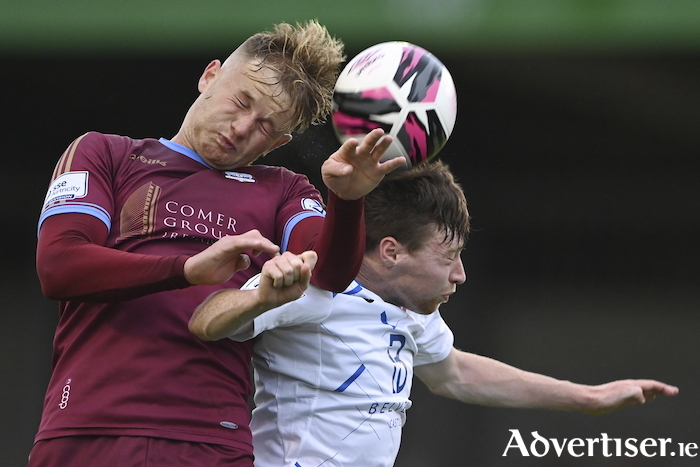 Gary Boylan, Galway United, and Stephen O'Leary, Cobh Ramblers, clash at Eamonn Deacy Park.