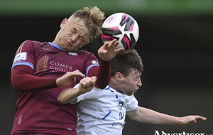 Gary Boylan, Galway United, and Stephen O&#039;Leary, Cobh Ramblers, in action at Eamonn Deacy Park on Friday.