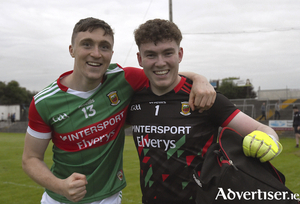 Mayo&rsquo;s Ultan O&rsquo;Reilly celebrates with goalkeeper Ronan Connolly after their pulsating victory over Galway in the EirGrid Connacht U-20 Football Championship semi final after extra time and a penalty shoot out at Tuam Stadium last Tuesday night.  Photo: David Farrell Photography