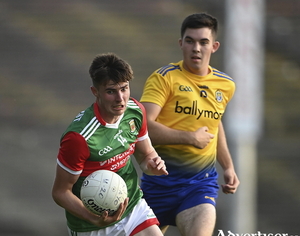 Looking to break: Frank Irwin looks to break forward for Mayo against Roscommon in the Connacht u20 final. Photo: Sportsfile 