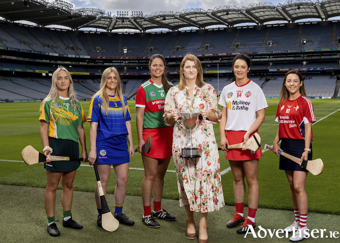 Mayo camogie captain Helen O'Malley (third from left) at the launch of the Nancy Murray Cup in Croke Park, alongside: Amy Campbell (Donegal), Jade Byrne (Wicklow), Camogie president Hilda Breslin, Laura Barker (Tyrone) and Grainne Mackin (Louth). Photo: INPHO/James Crombie.