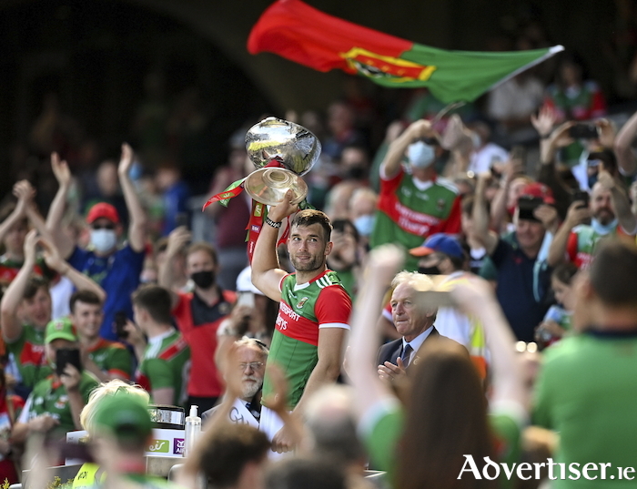 Back amongst the fans: Aidan O'Shea lifts the Nestor Cup after Mayo's win over Galway. Photo: Sportsfile 