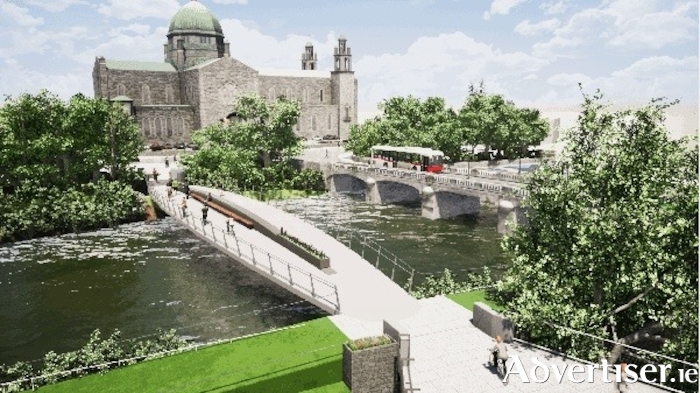 Artist's depiction of how the new pedestrian and cycle bridge at the Salmon Weir will look.