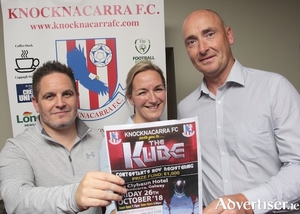 Keith Meehan, Siobh&aacute;n Lally, and Gerry Carroll pictured at the launch of a Knocknacarra FC fundraiser in 2018.