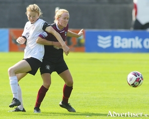 Galway WFC&#039;s Meabh De Burca and Bohemians&#039; Erica Burke in WNL action at Eamonn Deacy Park.