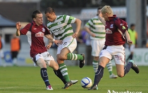 Shane Keogh in action for Galway United against Shamrock Rovers&#039; Stephen Rice in 2011.