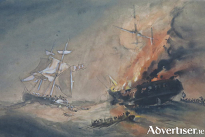 Sir Oswald W Brierly&rsquo;s dramatic painting  showing how  lifeboats were used to ferry the passengers from the blazing Connaught to the Minnie Schiffer.
