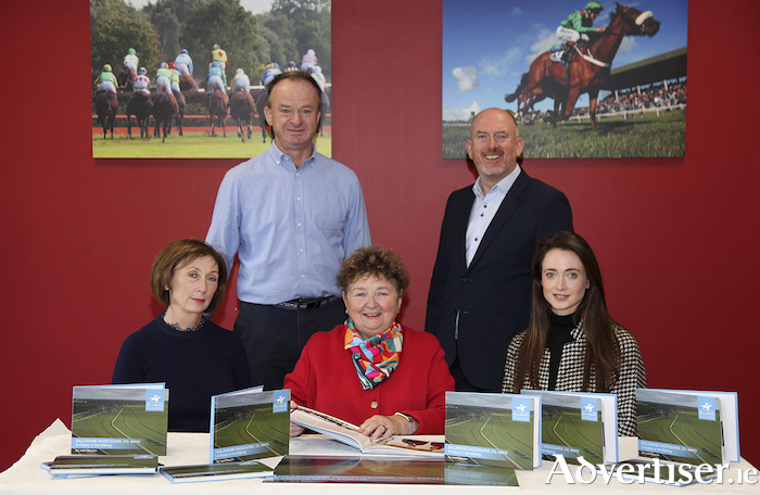 The editorial team of 'A History in the Making' - Back row: John Flannelly (Ballinrobe Racecourse Manager); Sean O'Connell (Ballinrobe Race Committee).  Front row:  Anne Flannelly (Ballinrobe Office Manager), Averil Staunton (Book Editor) and Claire Flannelly, (Ballinrobe Marketing Executive). Photo: Trish Forde