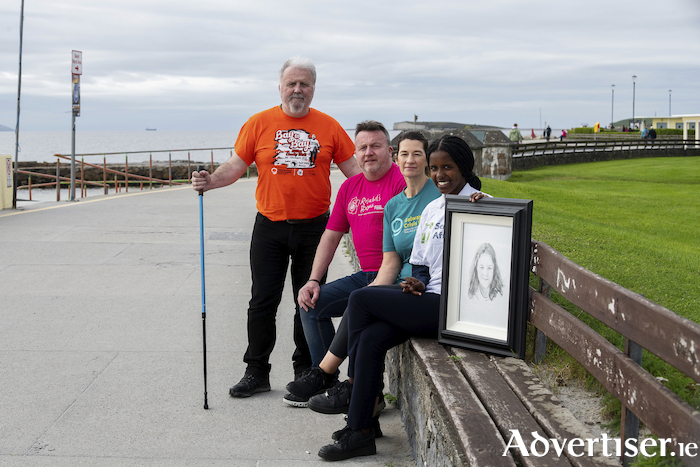 Ronan Scully of Self Help Africa, Gary Monroe of Rosabel's Rooms/Irish Hospice Foundation; Susan Costello Galway Rape Crisis Centre and Mia Scully at the launch of the Bay to Bay 350km Charity Walk in Memory of Ronan's niece Aoife Doyle Scully who died tragically on our roads in 2020. Photo:Andrew Downes, Xposure