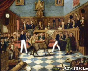 A painting by P Mathews showing the trial of &lsquo;Bill Burns&rsquo; who denied being cruel to his donkey, and would have succeeded in his plea only Martin brought the donkey into court to show its cuts and bruises. The judge and the court were astonished at this animal witness. The story delighted London newspapers and music halls. 