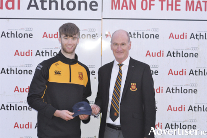 Saul O’Carroll is presented with the AUDI ATHLONE ‘Man of the Match’ award by Buccaneers President, Eamon Collins, following the AIL win over UL Bohemians