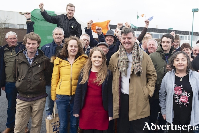 Dep Mairéad Farrell, with supporters, following her Galway West win at Election 2020 (Louis O'Hara is at the back, on the left hand side). Photo:- Mike Shaughnessy