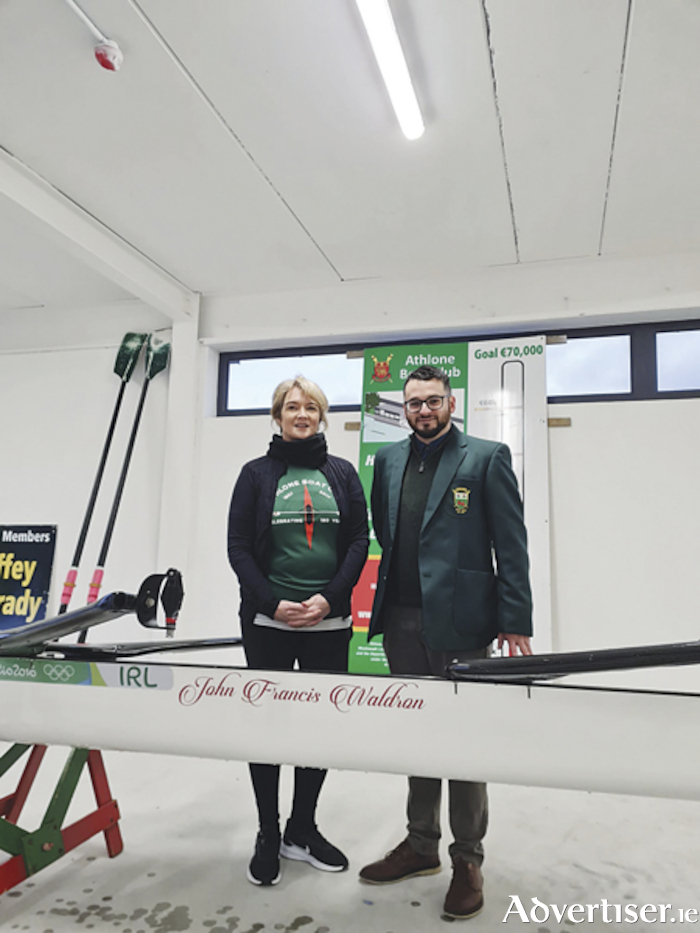 Athlone Boat Club members, Sinead Hensey and Padraig Hegarty are pictured with the ‘John Francis Waldron’ boat